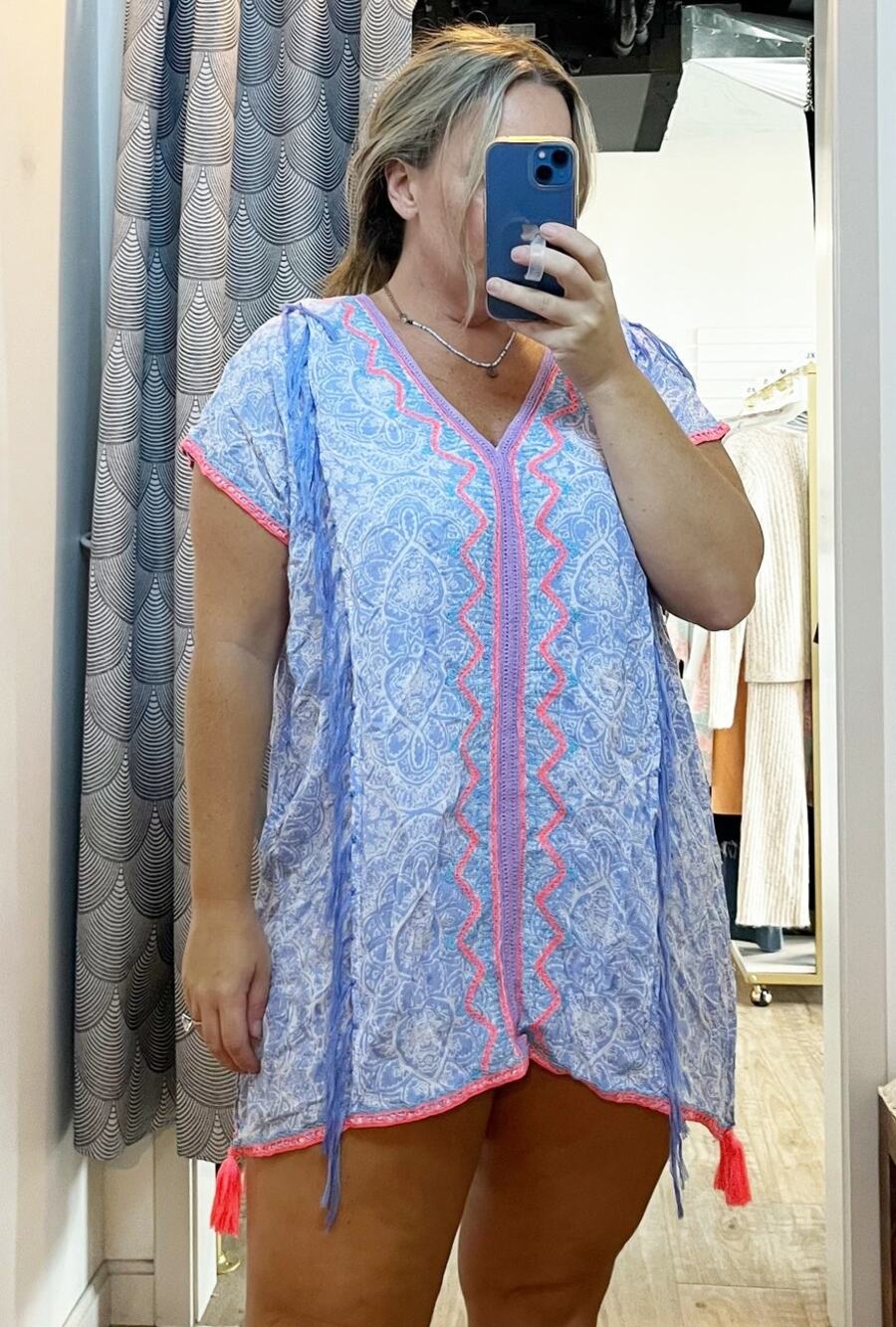 Surf Gypsy Floral Embroidered Short Sleeve Bohemian Tunic Cover-Up Dress Blue S
